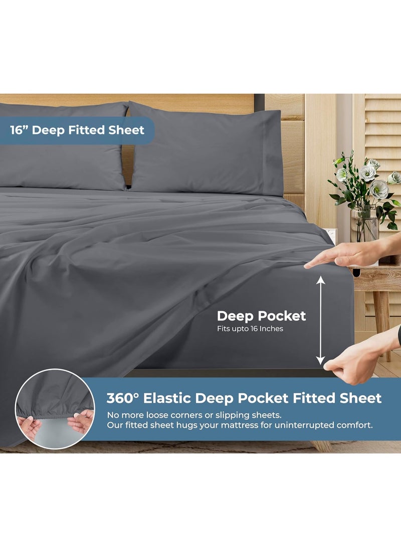 ROYALE LINENS طقم شراشف كوين من القطن العضوي 100% - نسج بيركال - 4 قطع - 1 شريحة مسطحة، 1 شريحة مفصلة بجيب عميق و2 غطاء وسادة - شراشف سرير رمادية كوين - باردة ومنعشة (رمادي) - Image 3